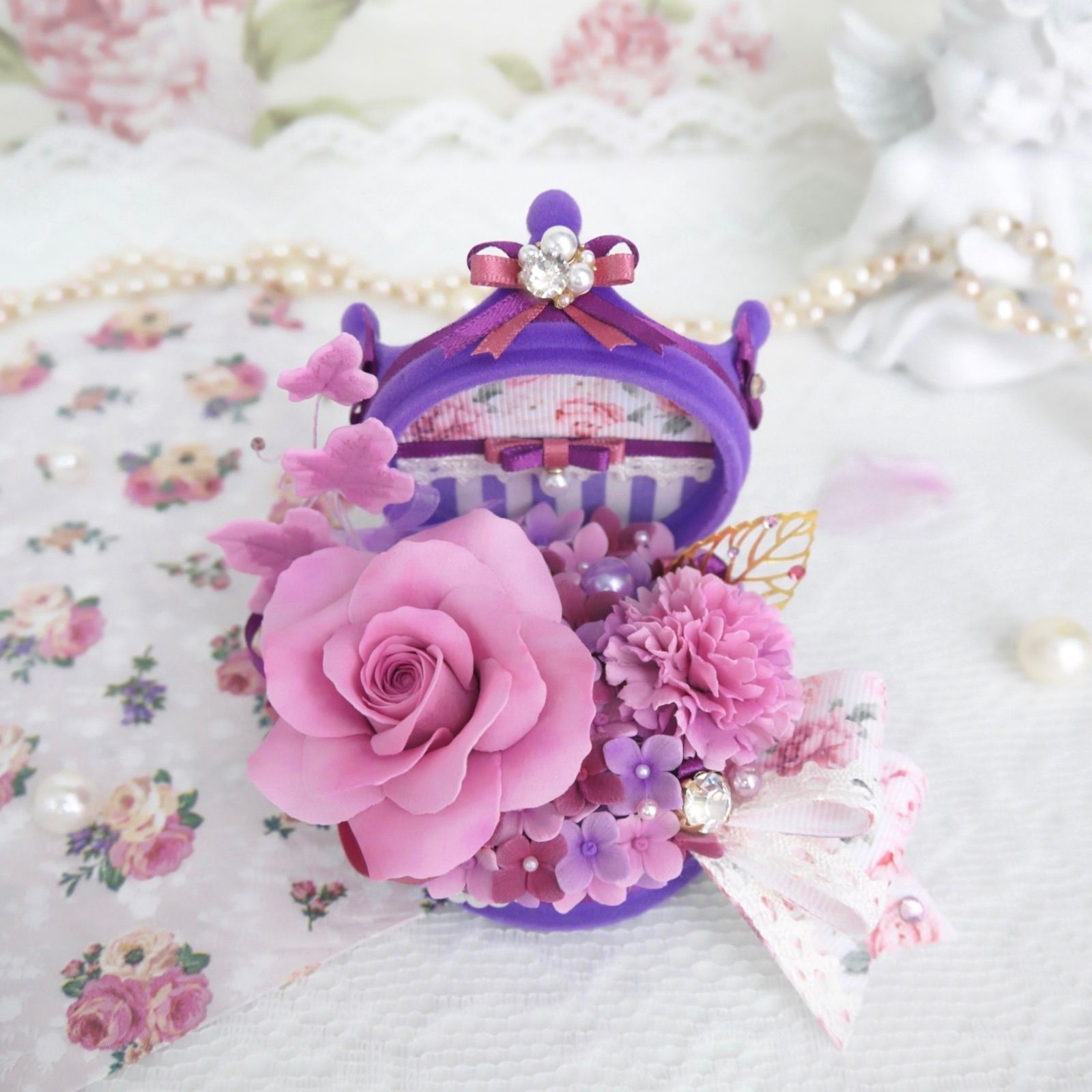 パフューパープルの薔薇 クラウンジュエルボックス クレイフラワー