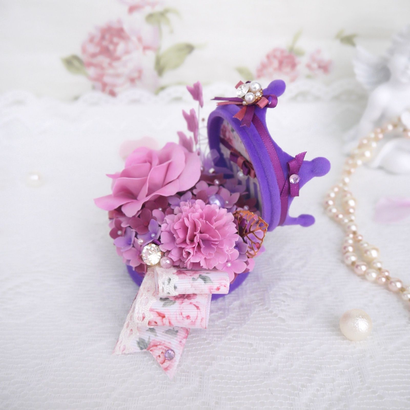 パフューパープルの薔薇 クラウンジュエルボックス クレイフラワー