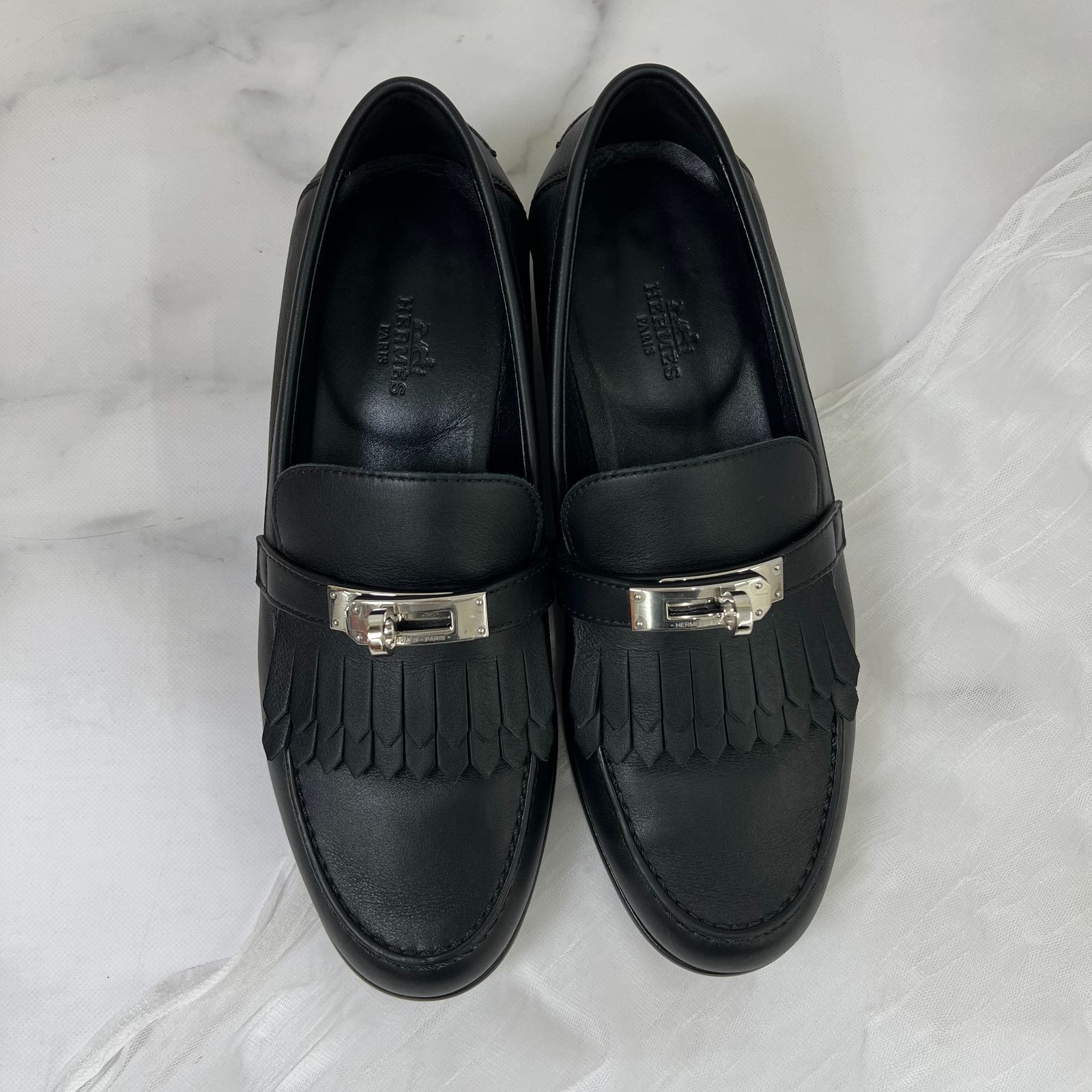 美品 HERMES モカシン デスタン(37)黒×シルバー金具 夏物セール 14日15時まで 】鑑定済み【 新品未使用 】エルメス