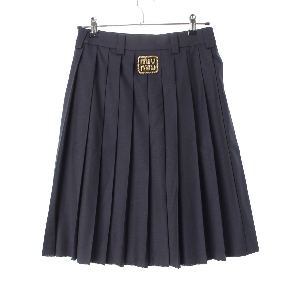 ミュウミュウ 24年 ヴァージンウール 金糸 ロゴ刺繍 プリーツ スカート
