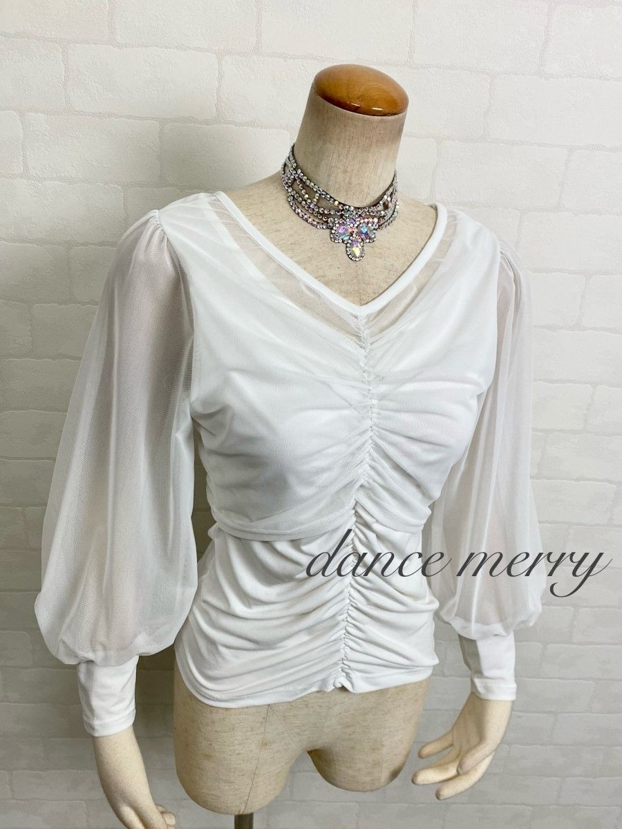 新品 社交ダンス トップス 白 長袖 バルーン袖 ワルツ パーティ