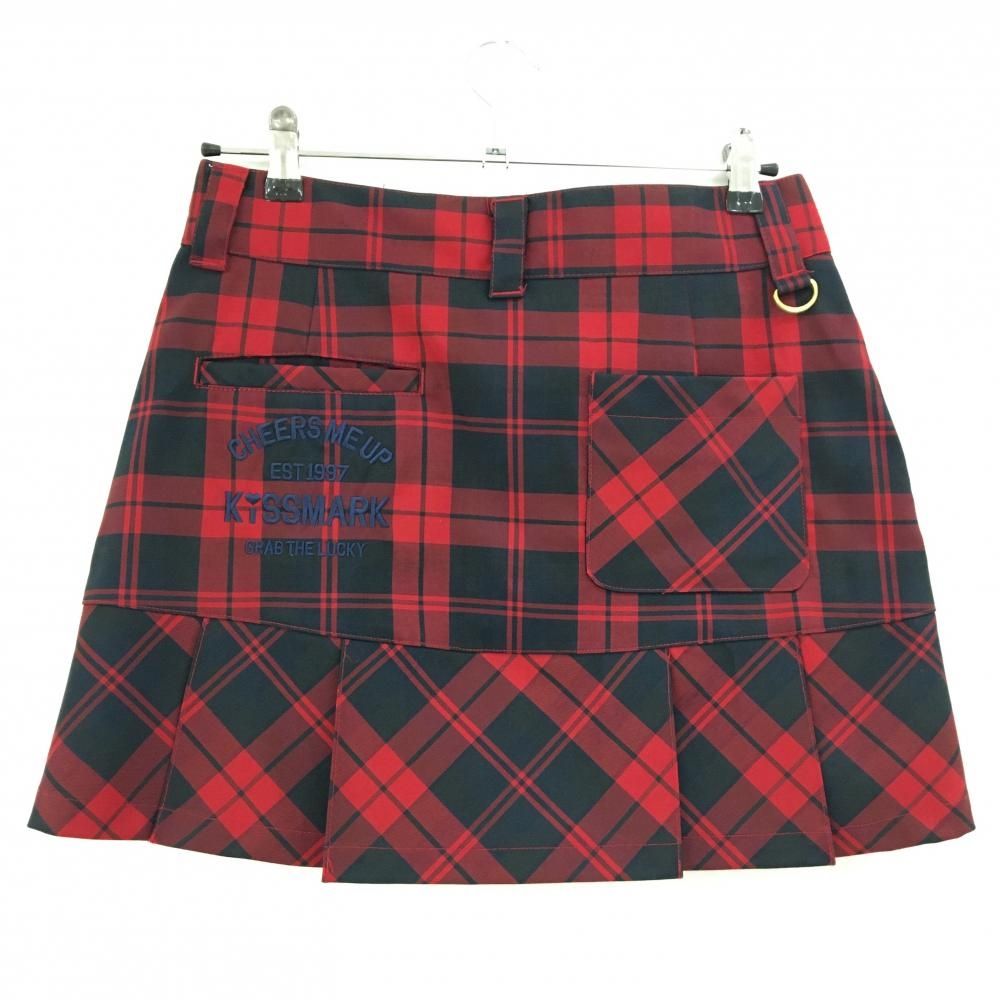 【美品】キスマーク スカート レッド×黒 チェック 裾プリーツ レディース 9(M) ゴルフウェア kissmark