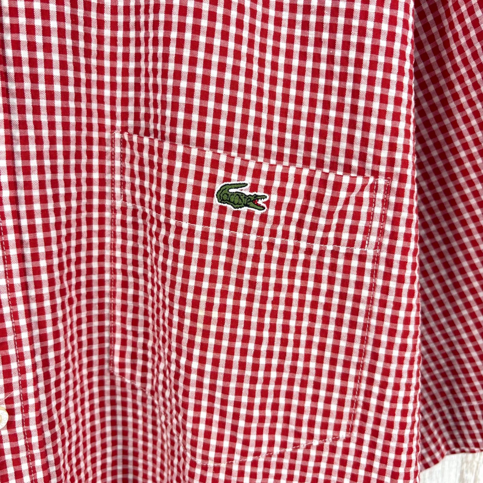 美品 LACOSTE ラコステ ワニ ロゴ刺繡 チェック 総柄 シアサッカー BD