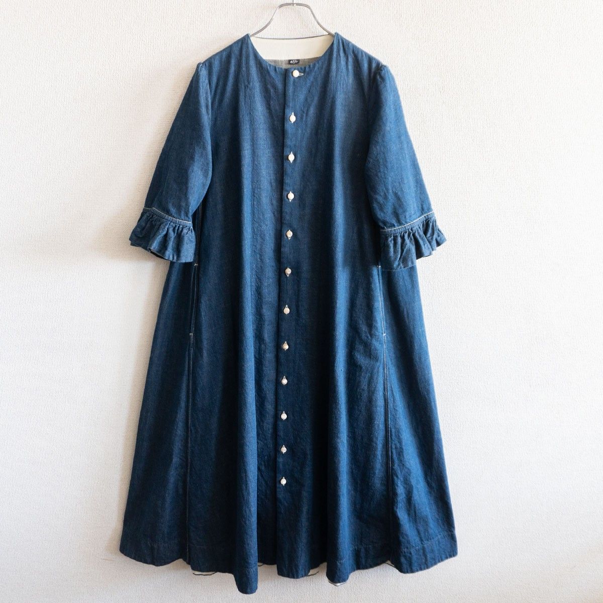 美品】45R【小麦デニムのレフドレス】 インディゴ ストライプ フォー