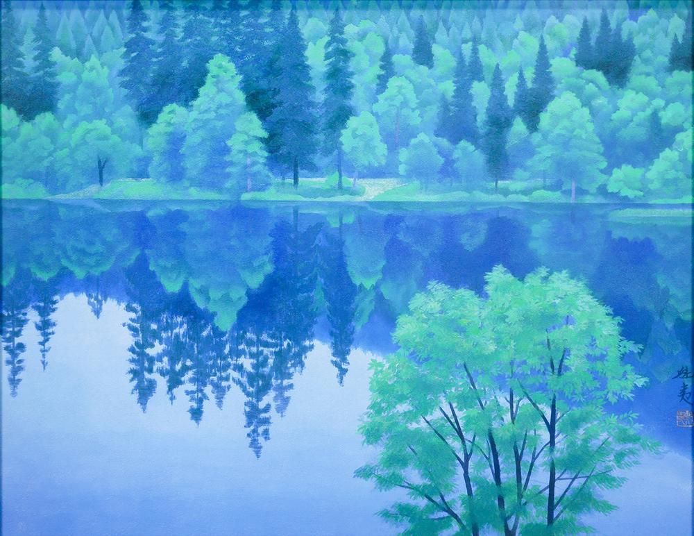 WISH】東山魁夷「山湖澄む」工芸画(岩絵の具方式) 10号 証明シール 〇