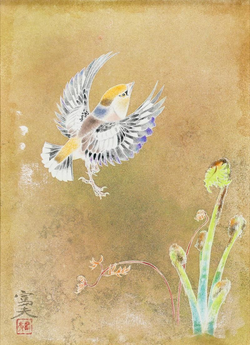 真作】【WISH】本橋富夫 日本画 4号 ◇春の芽吹きに舞う小禽の瑞兆 〇