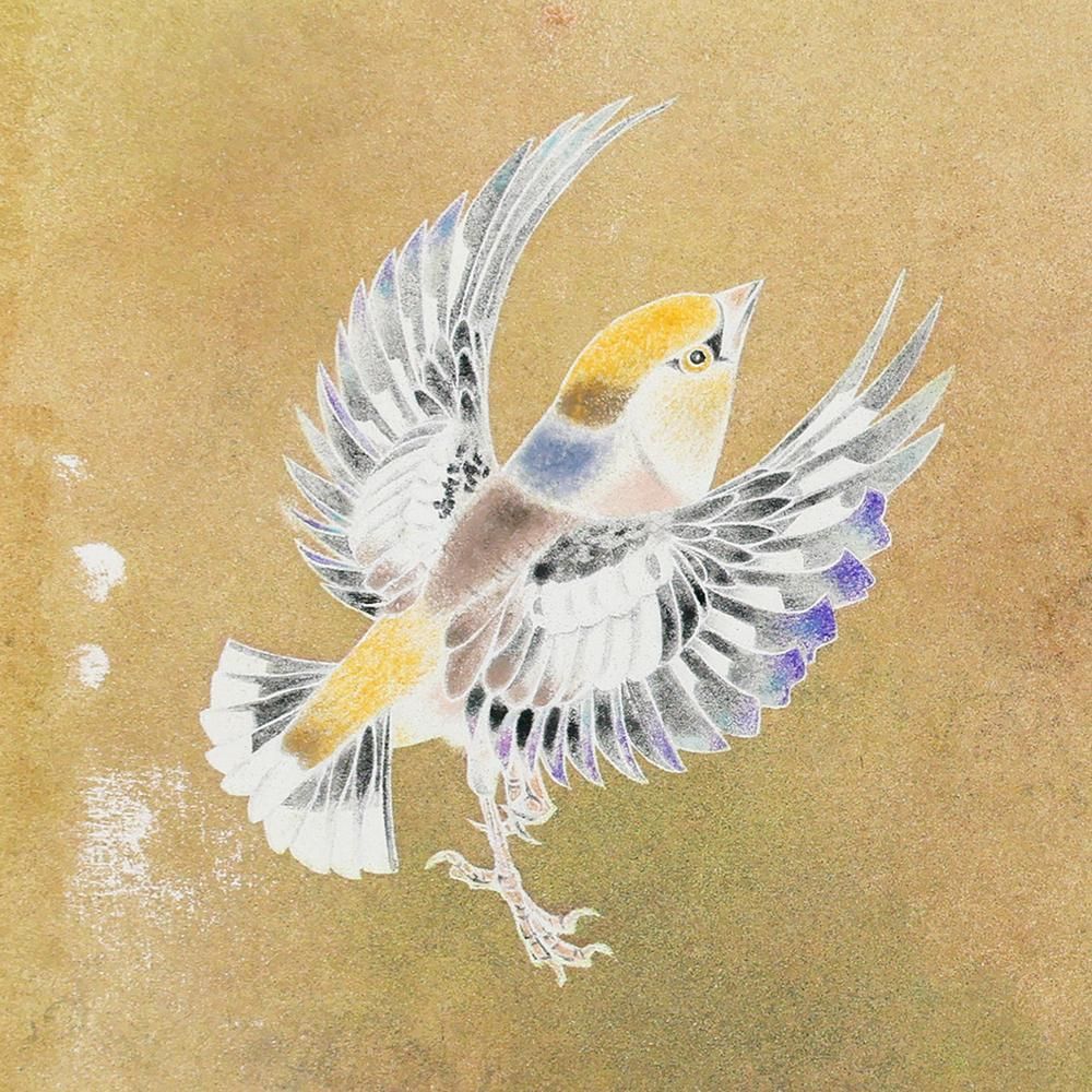 真作】【WISH】本橋富夫 日本画 4号 ◇春の芽吹きに舞う小禽の瑞兆 〇