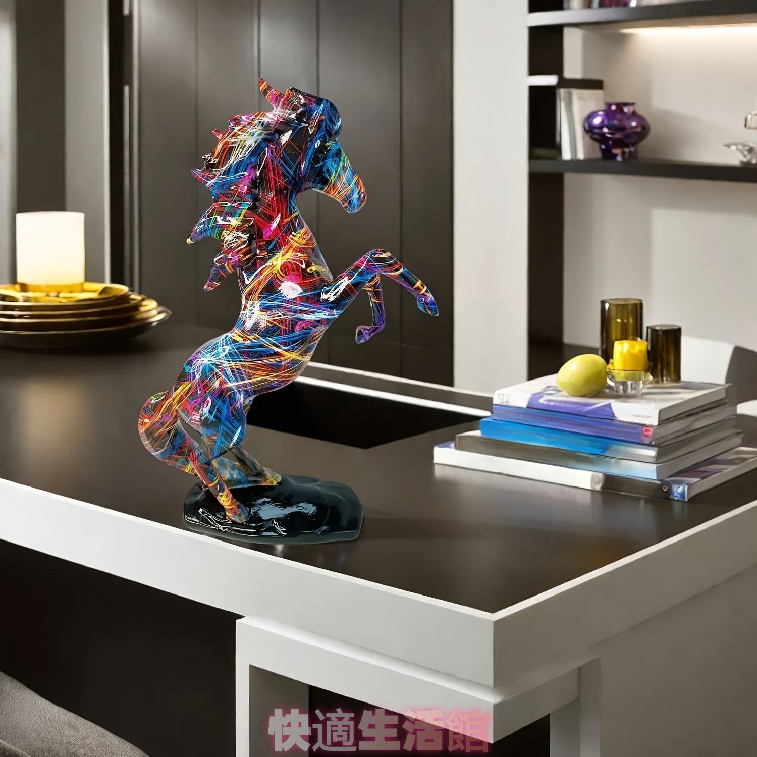 ホース 馬 置物 オブジェ インテリア カラフル デザイン 樹脂製 アクセント ブラック 馬像 リビング 寝室 玄関 個性的 グラフィティ 大胆 アート 屋内zsp0305