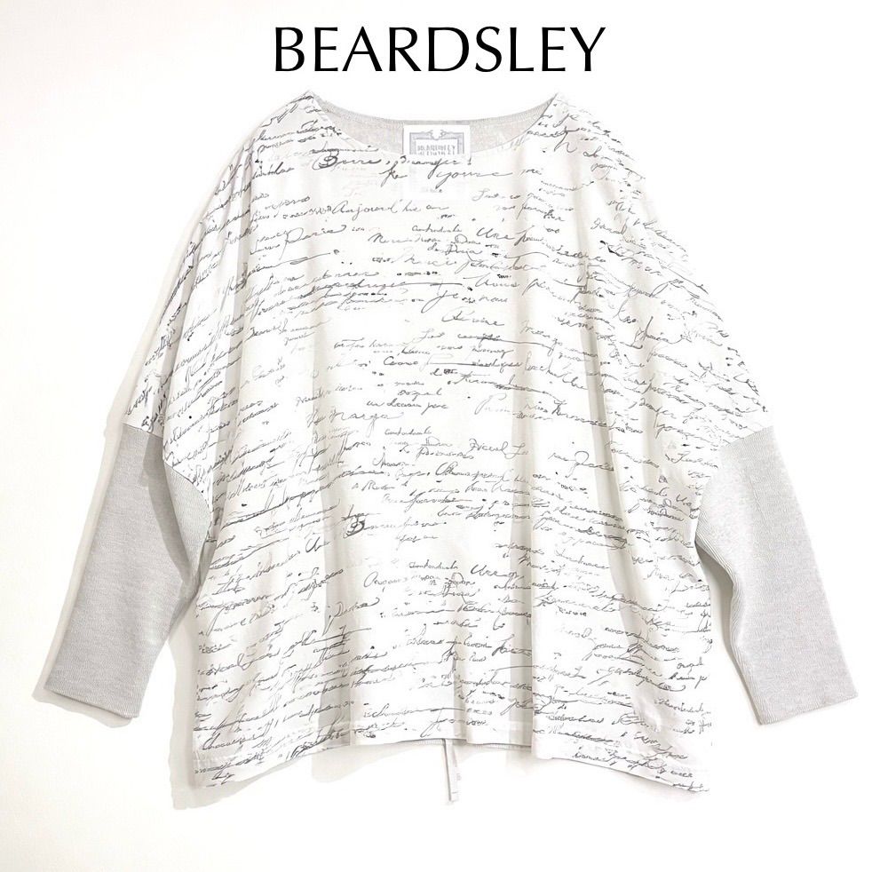 cW01 BEARDSLEY フランスレタープリントニット プリント 総柄 ドッキング ウール セーター ニット シャツ ブラウス 毛 ベージュ ドルマンスリーブ ビアズリー 定価28,600円 cW01 BEARDSLEY フランスレタープリントニット プリント 総柄