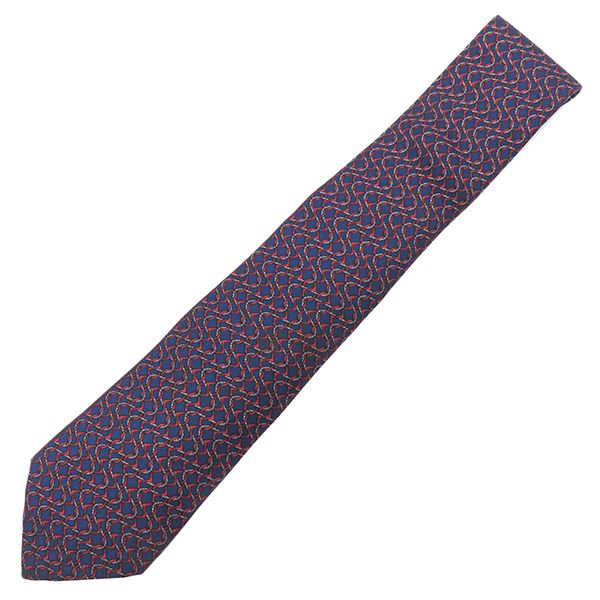 エルメス HERMES ネクタイ 総柄 8cm シルク ネイビー×レッド