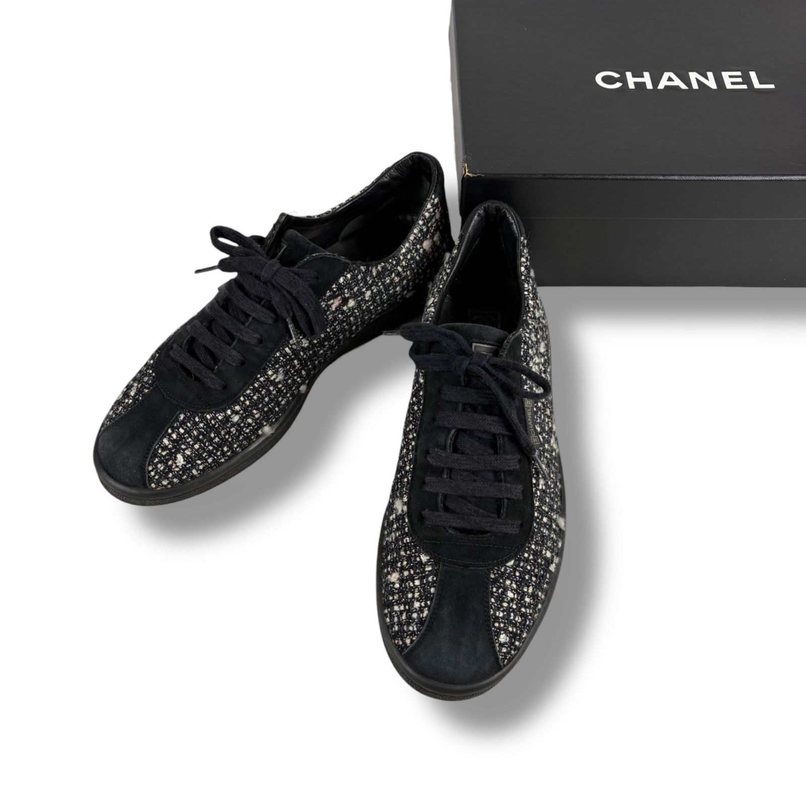 シャネル CHANEL ローカット ツイード スニーカー ブラック 黒 ココ