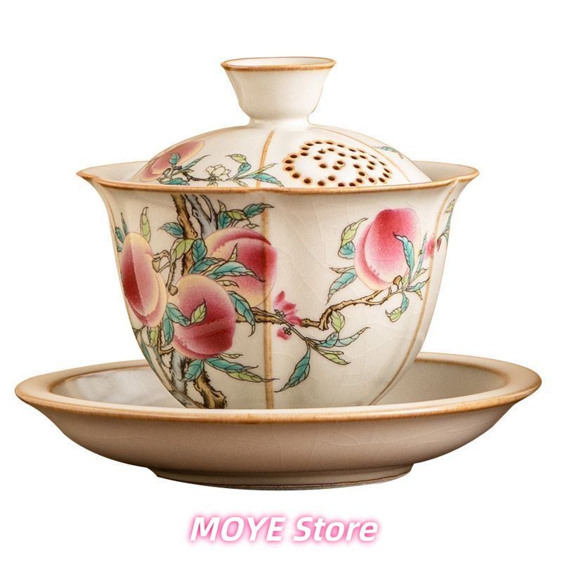 汝窯 粉彩九桃 三才 蓋碗 茶道具 1 個 高級 茶碗 蓋付き 家庭用 功夫茶