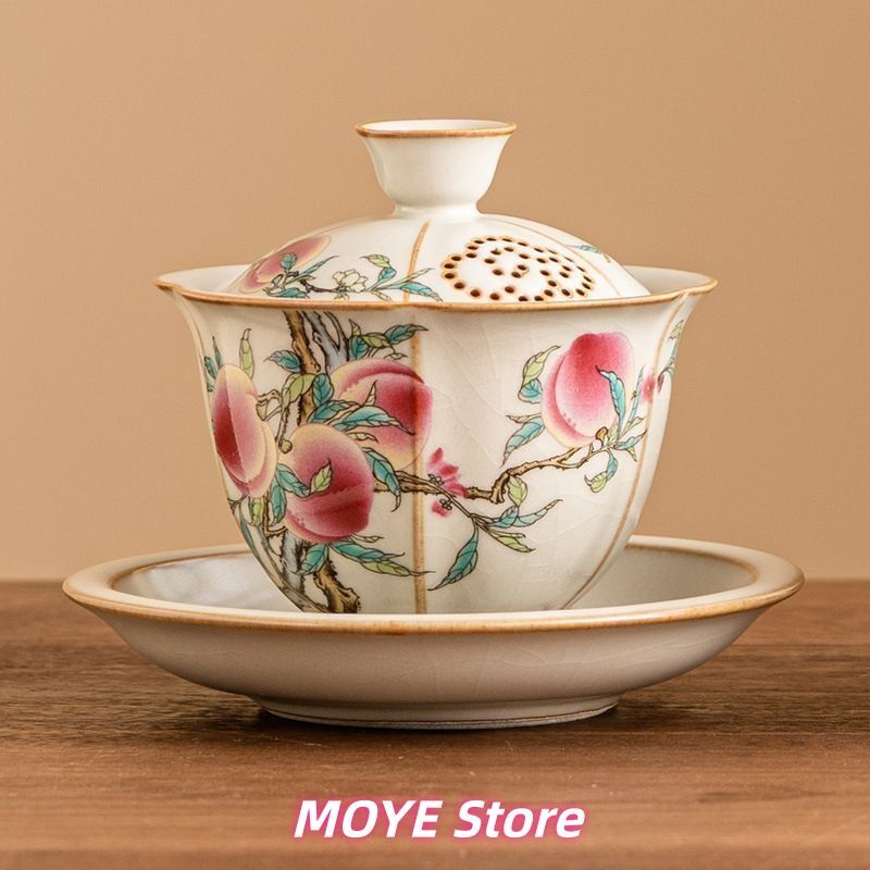 汝窯 粉彩九桃 三才 蓋碗 茶道具 1 個 高級 茶碗 蓋付き 家庭用 功夫茶