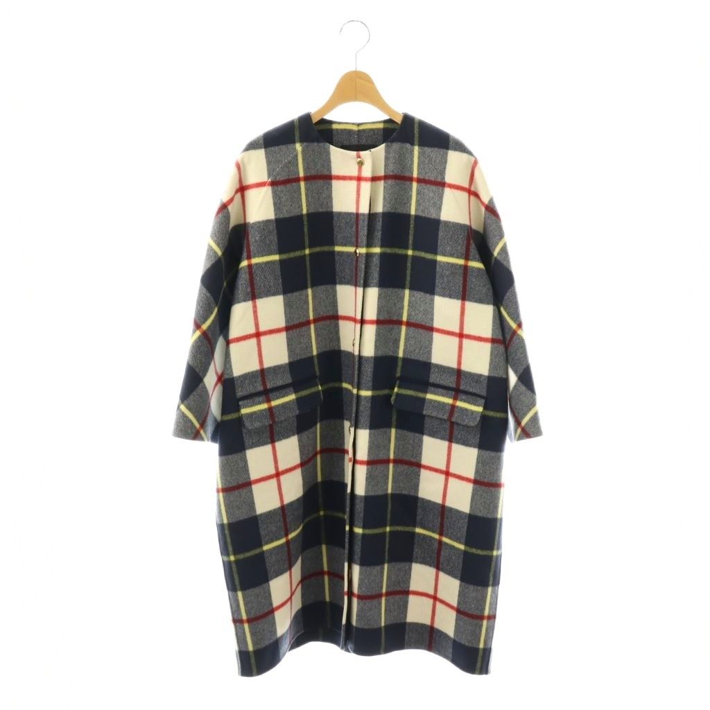 ドゥロワー Drawer ダブルフェイスチェックコート ロング ノーカラー