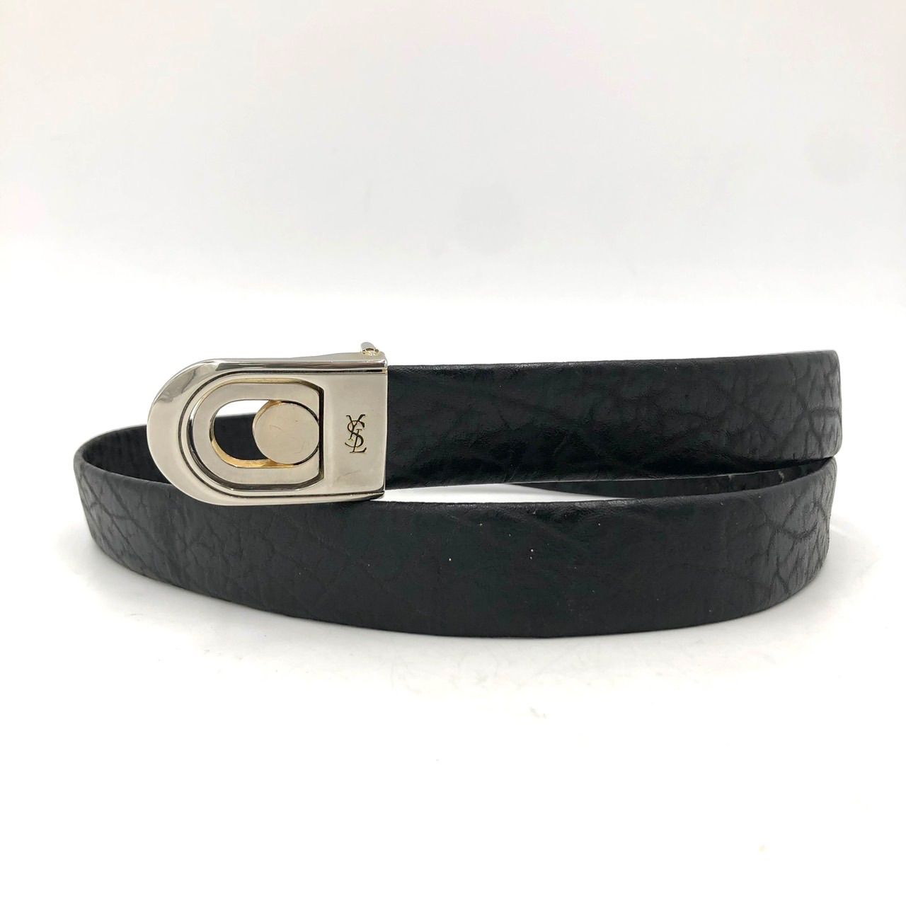 イヴサンローラン YSL ロゴ ベルト バックル シルバー金具 黒 レザー 