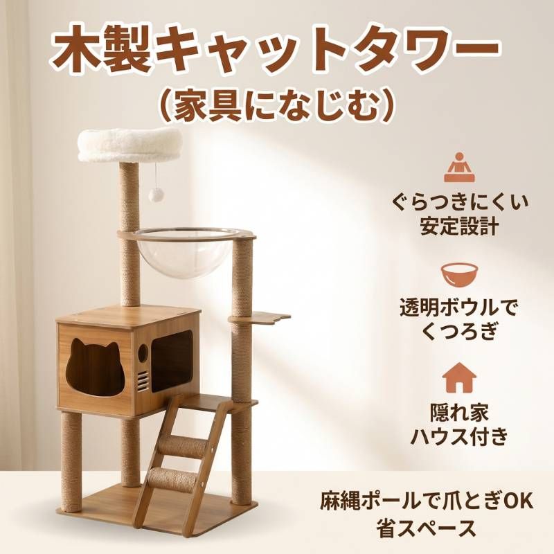送料無料 キャットタワー 据え置き型 爪とぎ 麻紐 省スペース ハウス 