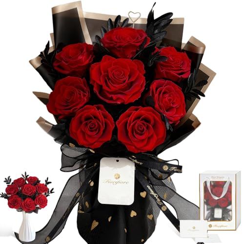 ◇プリザーブドフラワー ブーケ 8輪 赤 薔薇花束 自立式 ギフト