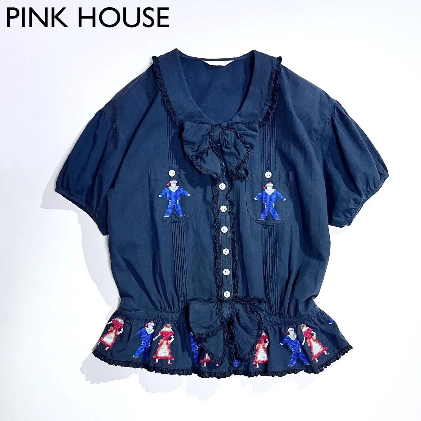 ch196 PINK HOUSE クロスステッチ ブラウス 民族 ティアード 立体