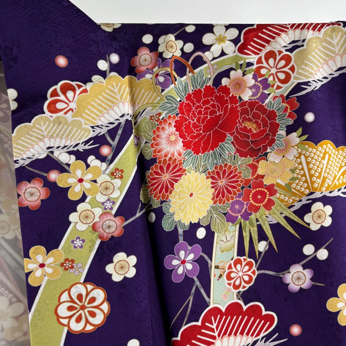 振袖 身丈169cm 裄丈70.5cm L 袷 袋帯フルセット 牡丹 松 金糸 紫 正絹