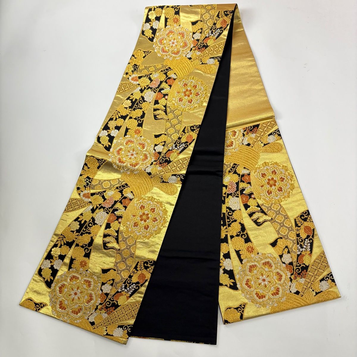 振袖 身丈169cm 裄丈70.5cm L 袷 袋帯フルセット 牡丹 松 金糸 紫 正絹