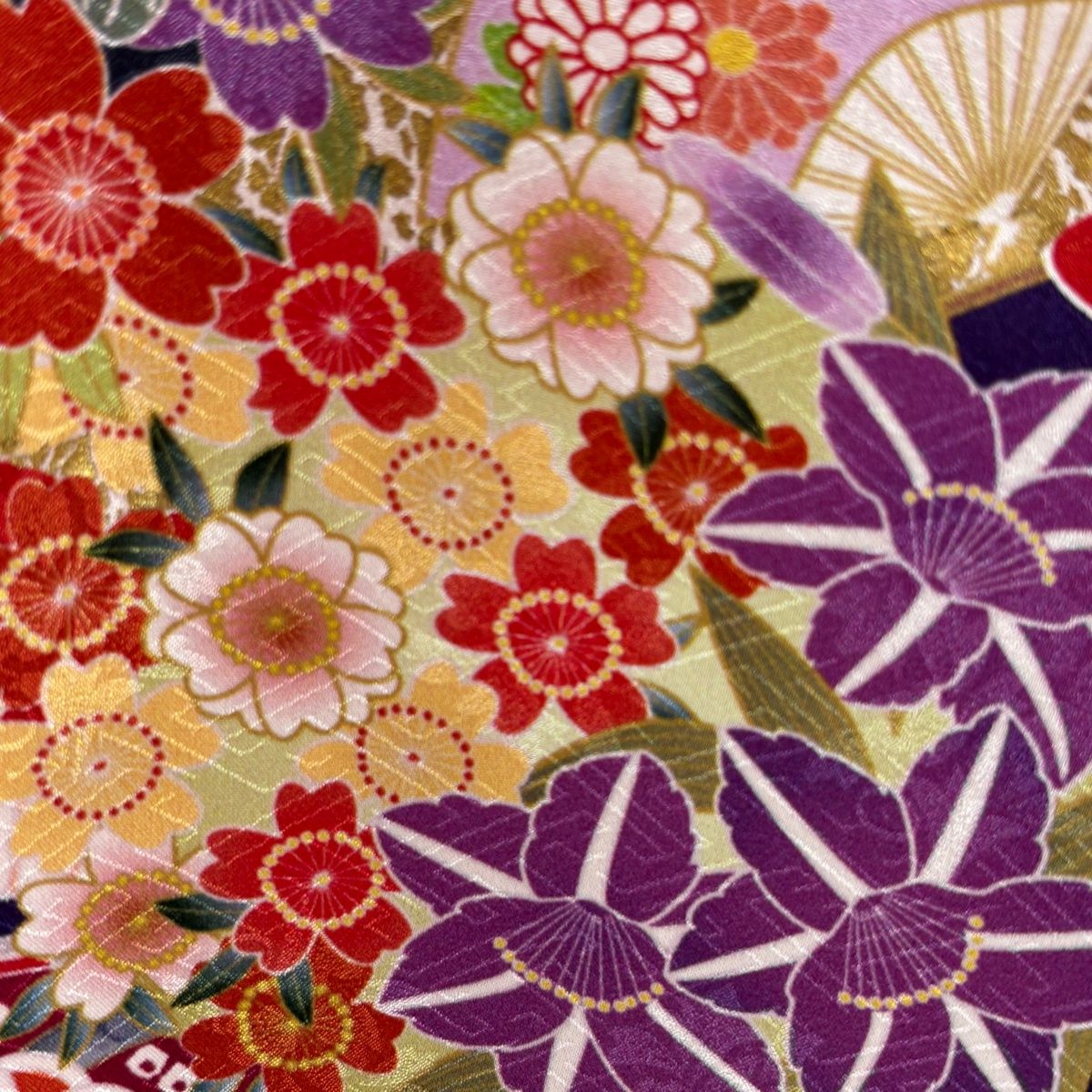 振袖 身丈169cm 裄丈70.5cm L 袷 袋帯フルセット 牡丹 松 金糸 紫 正絹