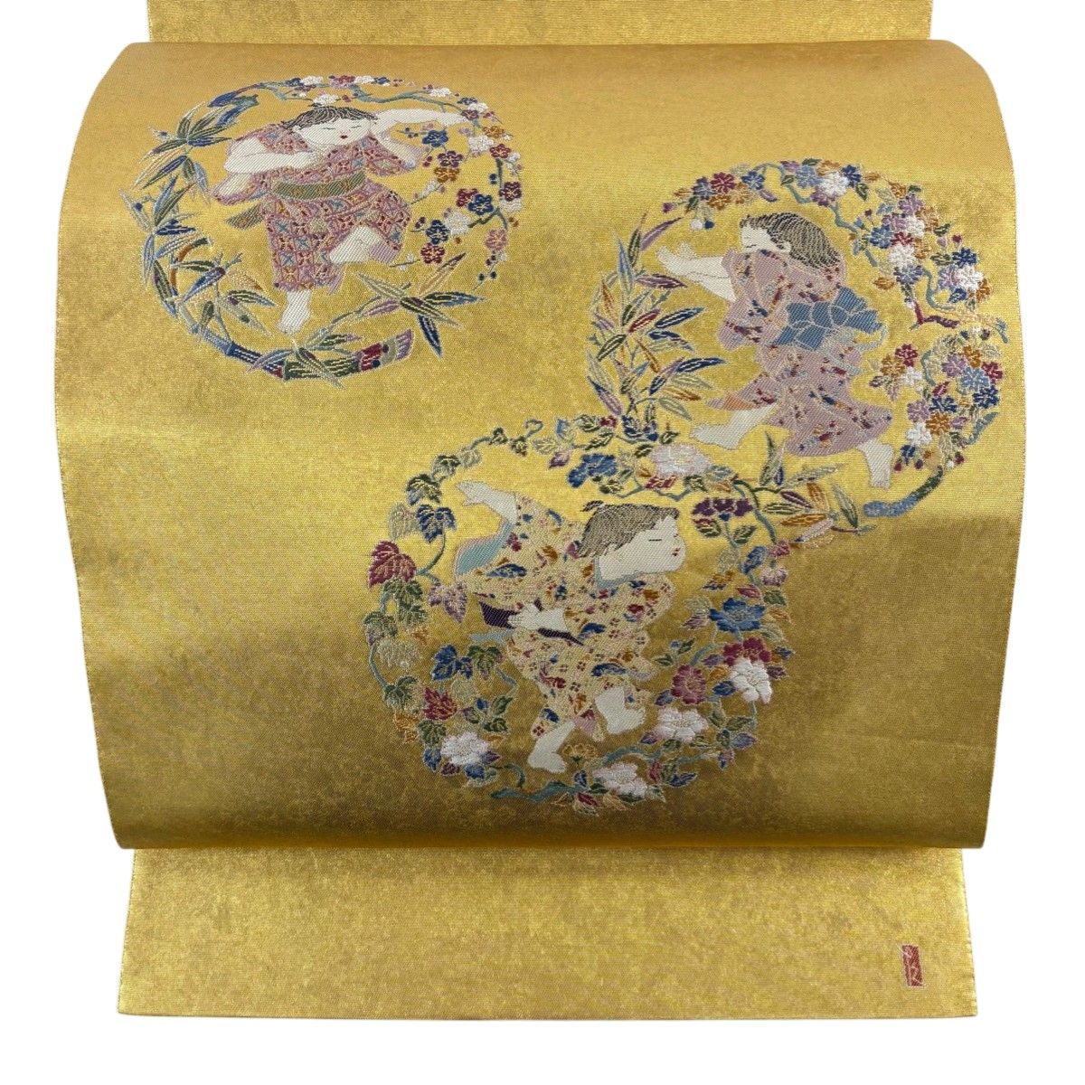 美品】 袋帯 逸品 長嶋成織物 落款 由水十久 童児華文 刺繍 箔 金色