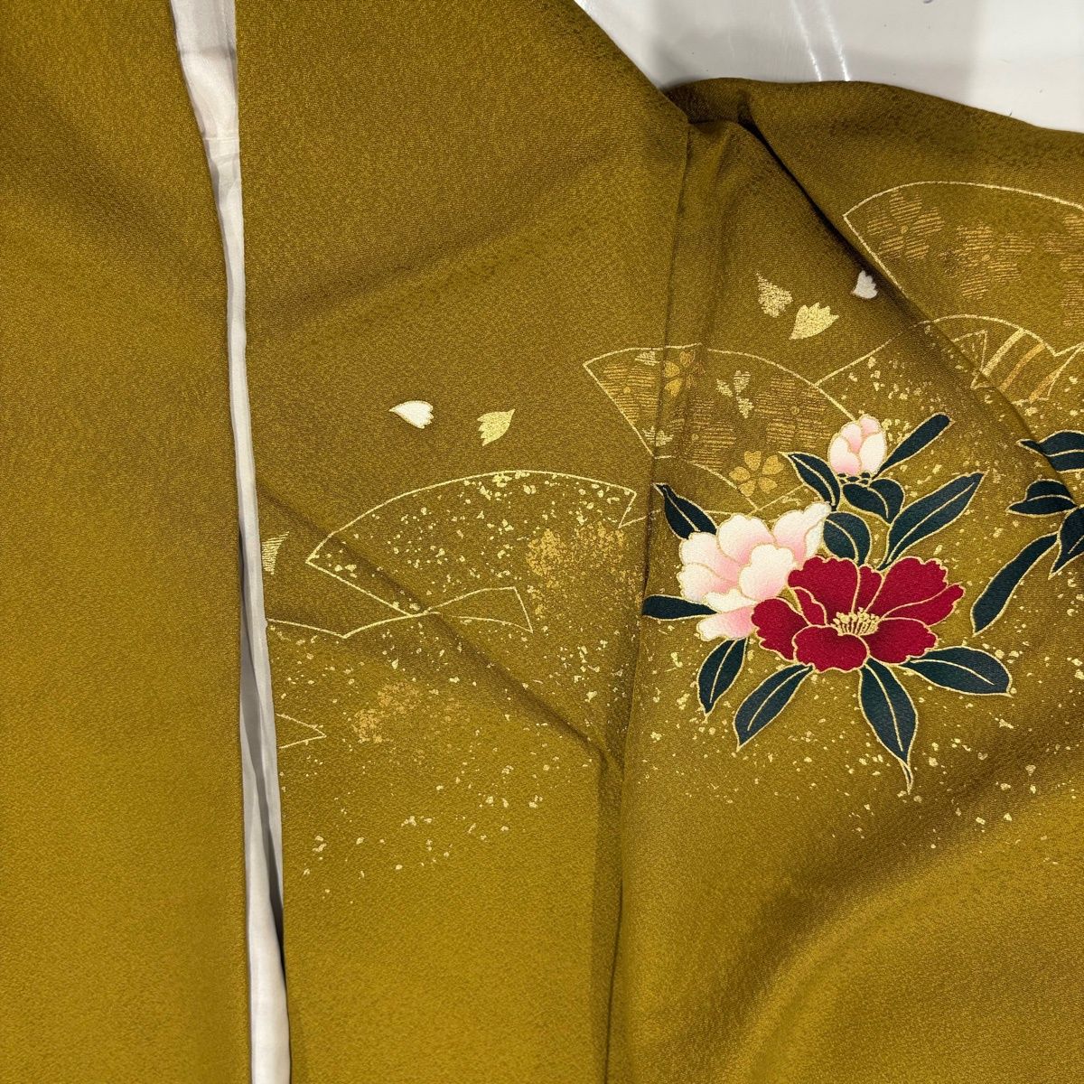 振袖 身丈168cm 裄丈66.5cm M 袷 御所車 草花 金糸 金彩 山吹茶色 正絹