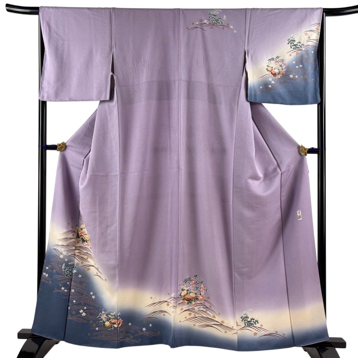 訪問着 身丈160.5cm 裄丈65.5cm M 袷 落款 草花 波 金彩 染め分け 薄紫