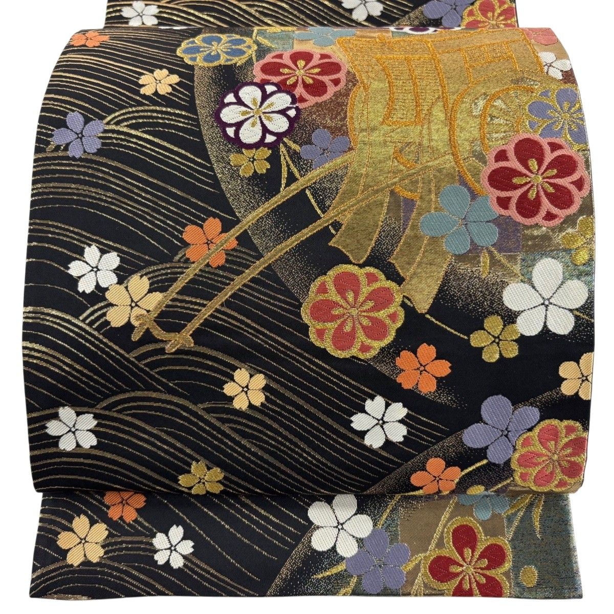 美品】 袋帯 秀品 御所車 桜 金糸 箔 黒 六通 正絹 【中古】 - メルカリ