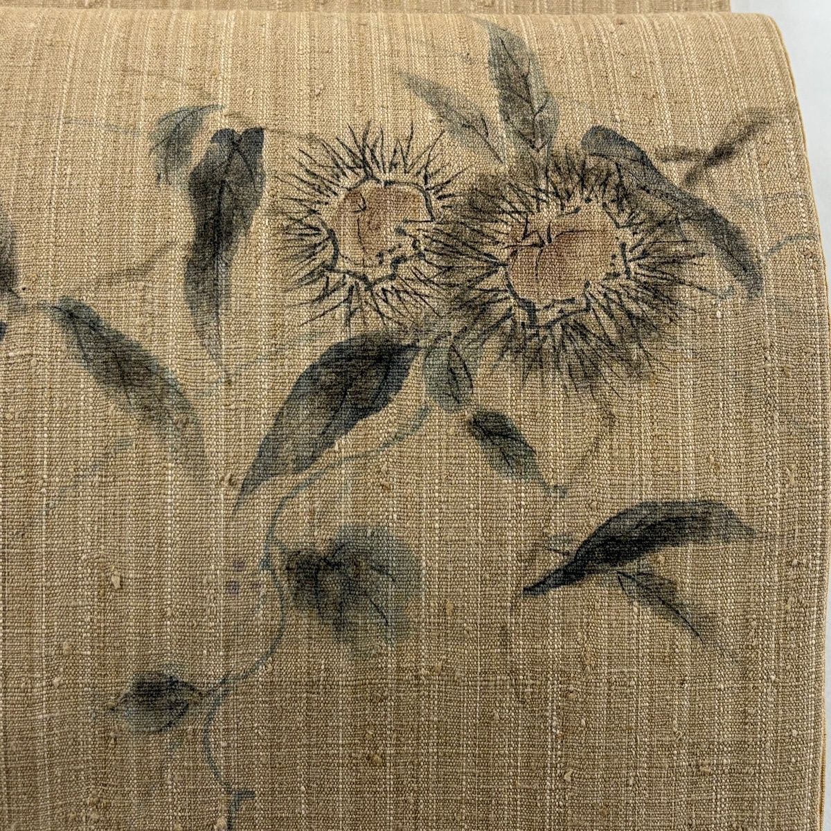 美品】 袋帯 秀品 証紙 大島紬地 栗 薄茶色 お太鼓柄 正絹 【中古