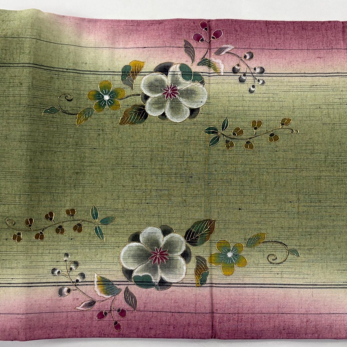 美品 袋帯 名品 格天井琳派丸文 草花 螺鈿箔 箔 灰緑 お太鼓柄 正絹