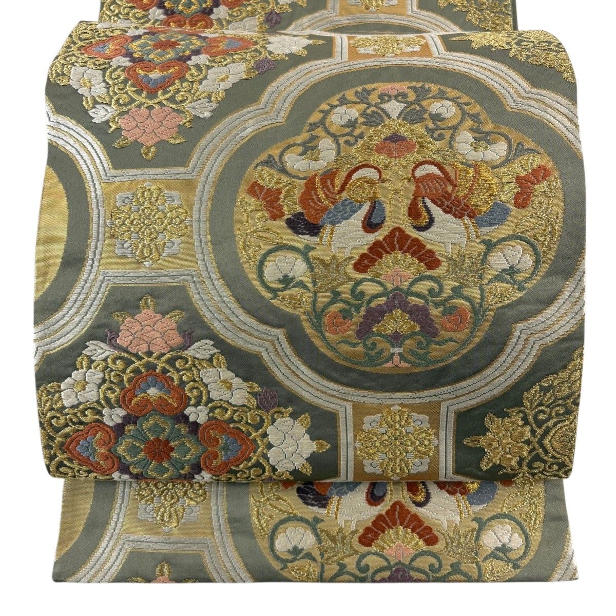 美品】 袋帯 秀品 華文 向かい鳥 金糸 唐織 よもぎ色 六通 正絹 【中古