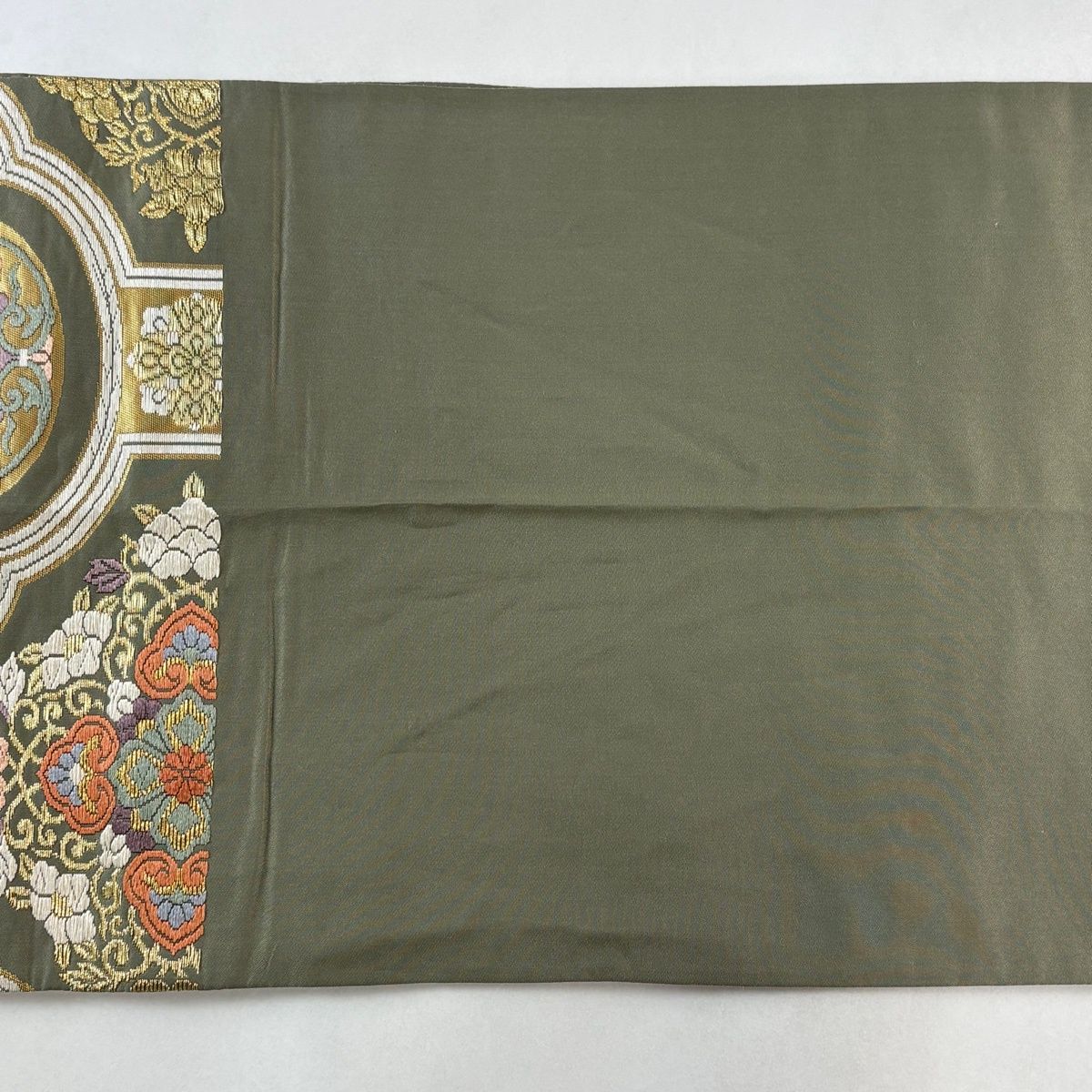 美品】 袋帯 秀品 華文 向かい鳥 金糸 唐織 よもぎ色 六通 正絹 【中古