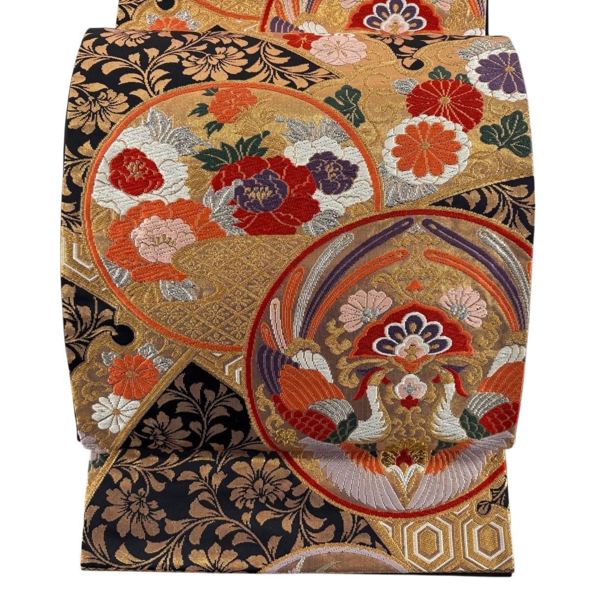 袋帯 秀品 関西仕立て 花丸文 牡丹 刺繍 ベージュ 六通 正絹 中古 美品