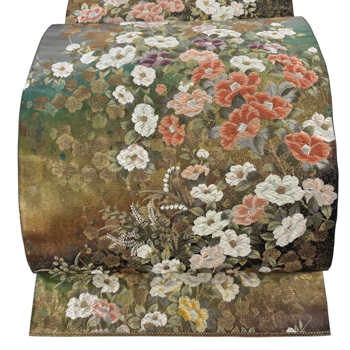 美品】 袋帯 秀品 関西仕立て 椿 枝梅 陶漆箔 唐織 金色 六通 正絹