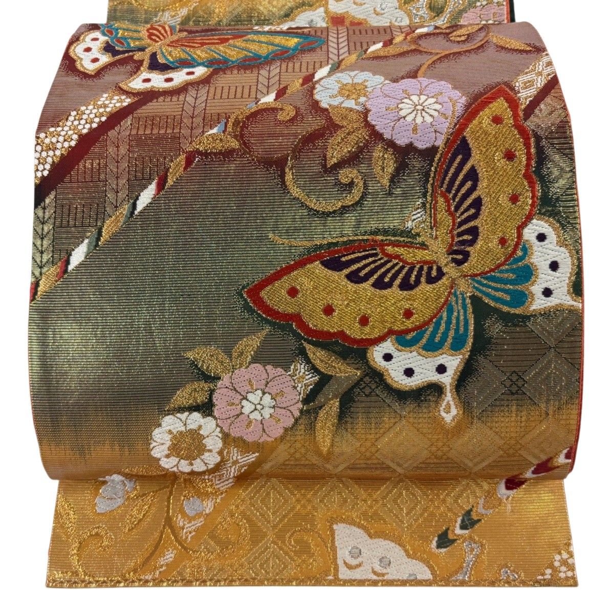 袋帯 秀品 関西仕立て 蝶 草花 刺繍 金銀糸 深緑 六通 正絹 【中古