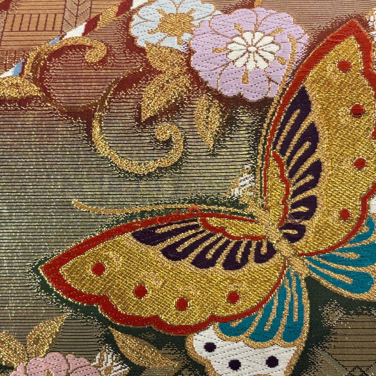 袋帯 秀品 関西仕立て 蝶 草花 刺繍 金銀糸 深緑 六通 正絹 【中古
