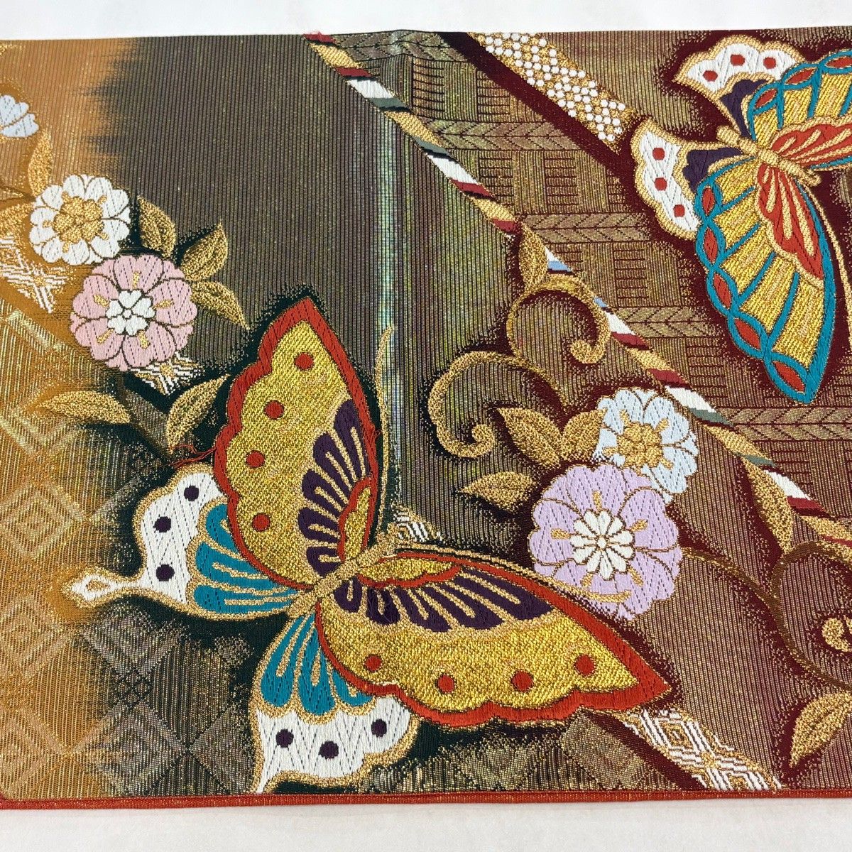 袋帯 秀品 関西仕立て 蝶 草花 刺繍 金銀糸 深緑 六通 正絹 【中古