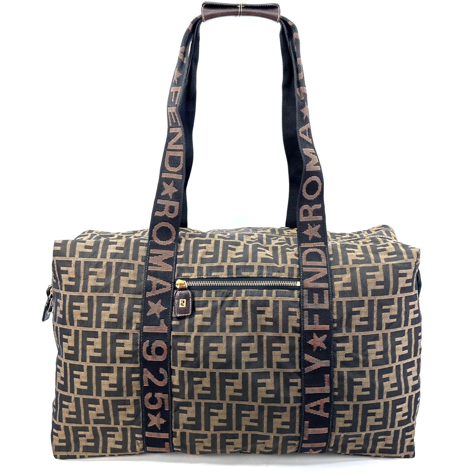FENDI】 ズッカ柄 ラージボストンバッグ ブラウン ナイロン レザー