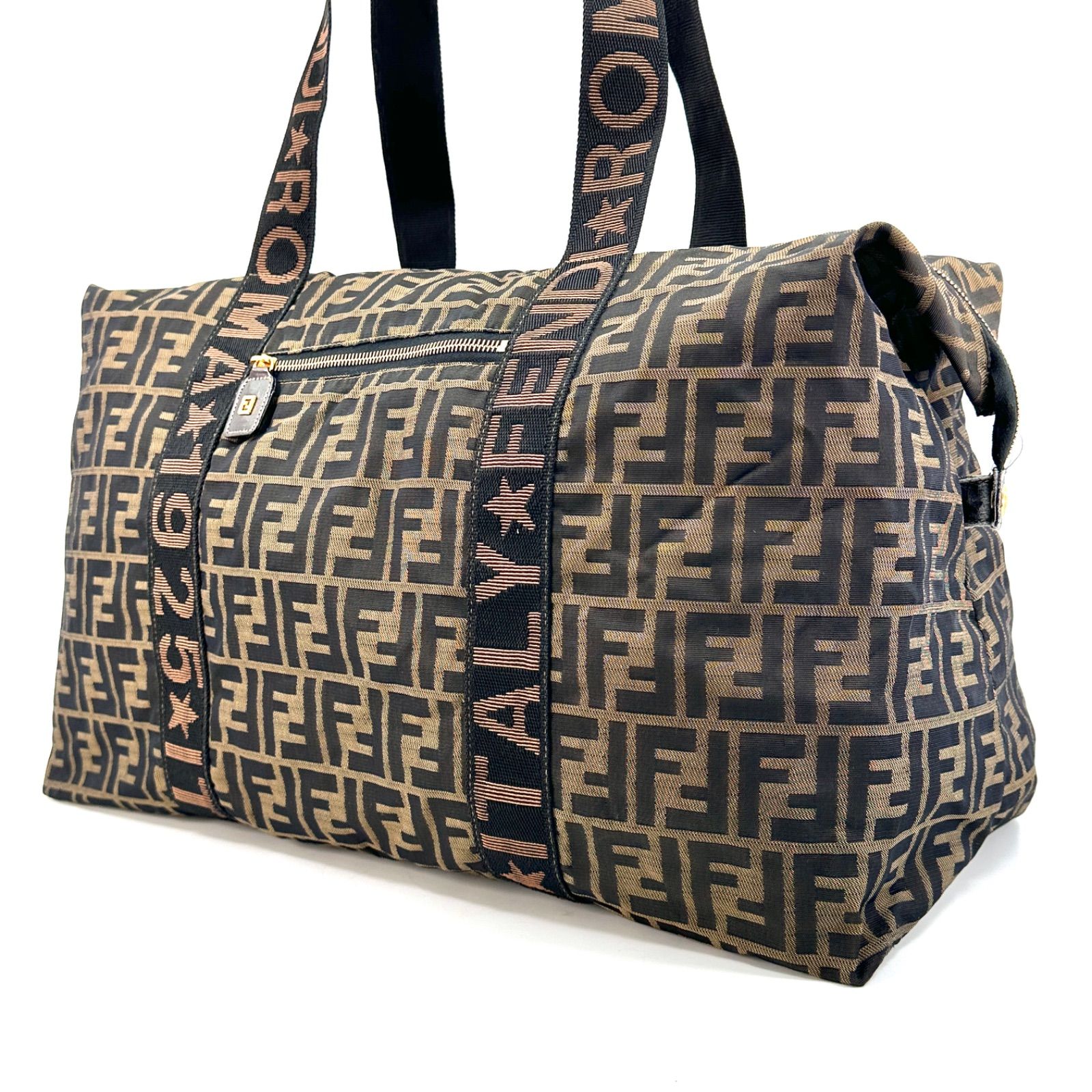 FENDI】 ズッカ柄 ラージボストンバッグ ブラウン ナイロン レザー