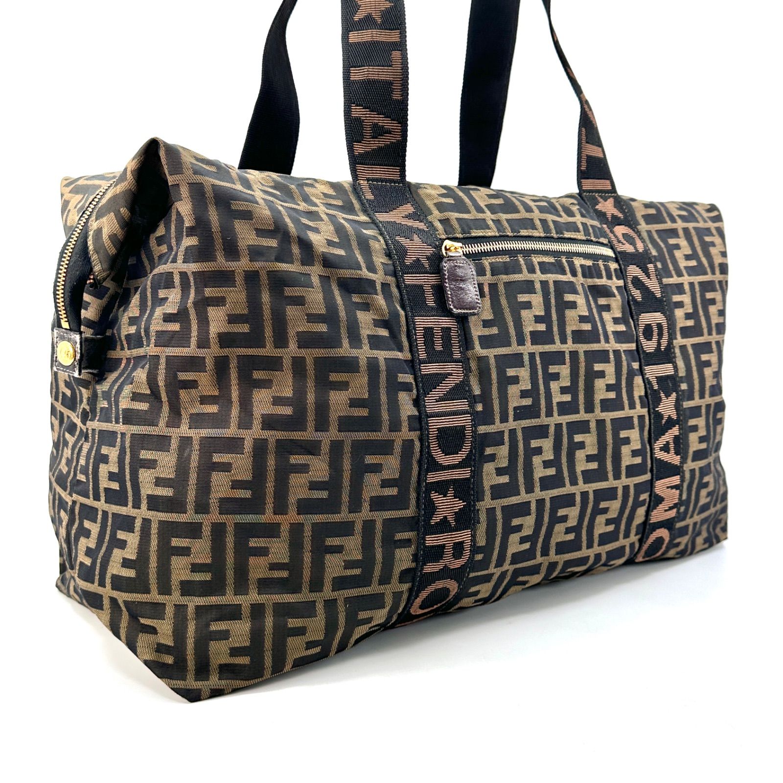 FENDI】 ズッカ柄 ラージボストンバッグ ブラウン ナイロン レザー