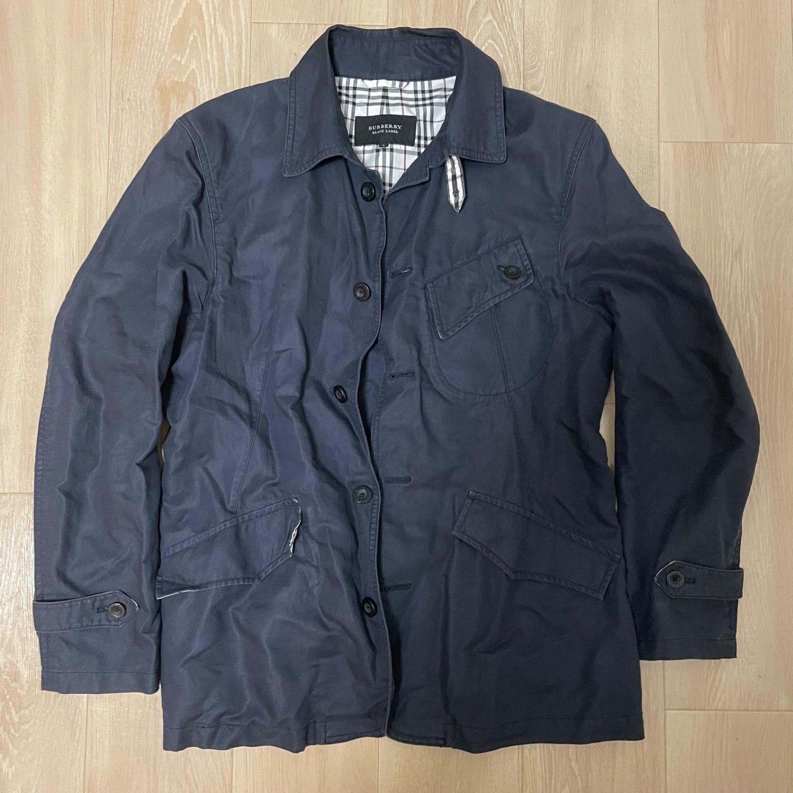 希少L】BURBERRY BLACK LABEL ノバチェック ジャケット ネイビー 麻混