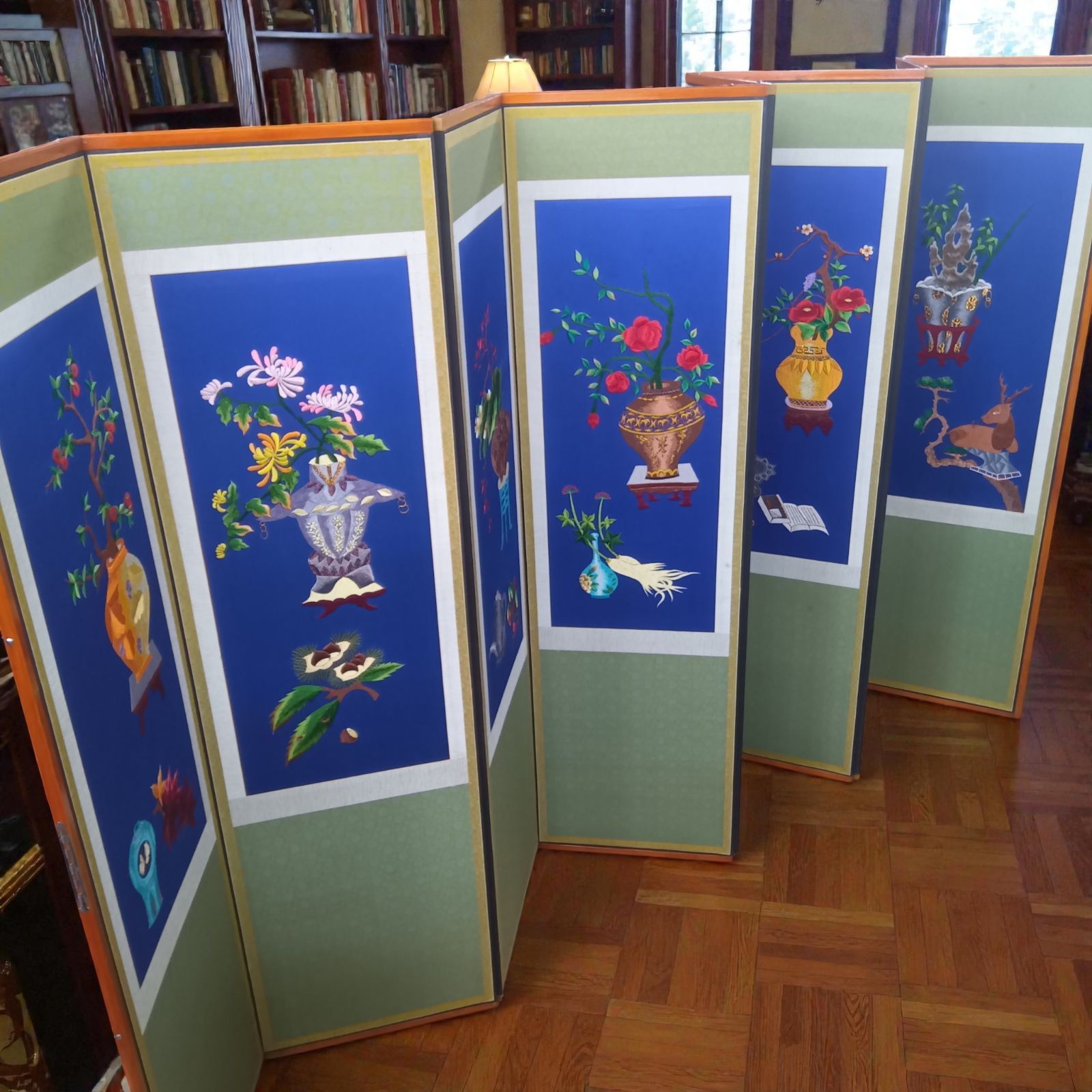 八曲屏風 手刺繍 両面使い 絹本 漢詩 特大155cm 伝統工芸 骨董