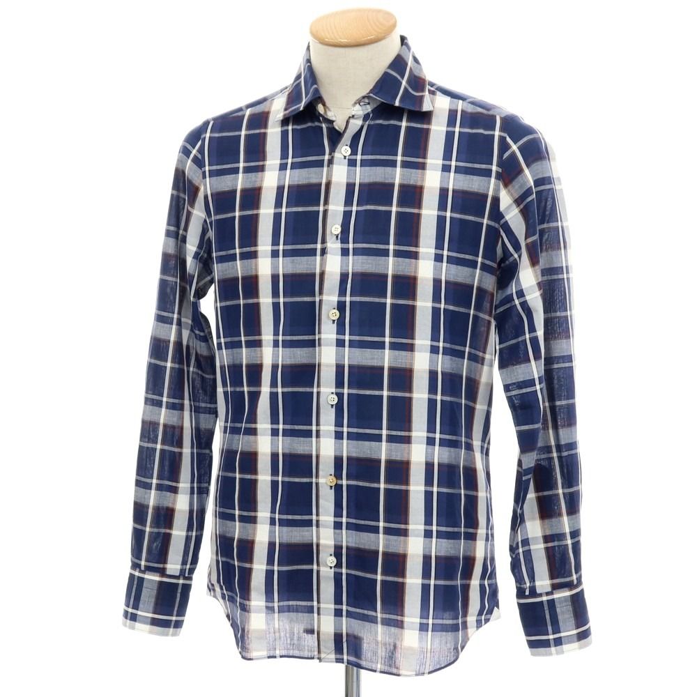 中古】フィナモレ Finamore コットンリネン チェック セミワイドカラー