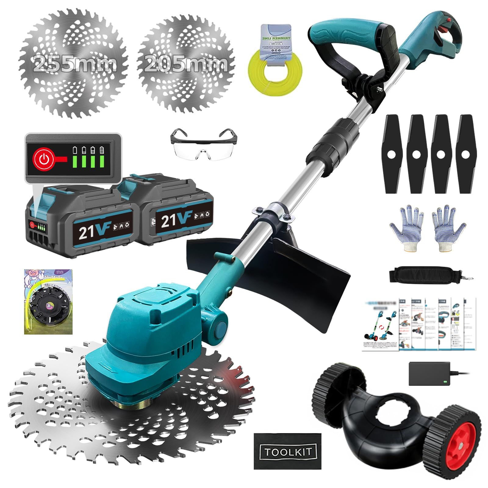 充電式草刈り機【 2026年強化版 ・刈刃径最大255mm】 21V コードレス 電動草刈機 4000mAhバッテリー2個 ブラシレスモーター 残量表示 PSE認証済 脱着式補助輪 1台2役芝刈り機 4種類の刃と替刃 伸縮＆角度調整 補助ハンドル 肩掛け★tm