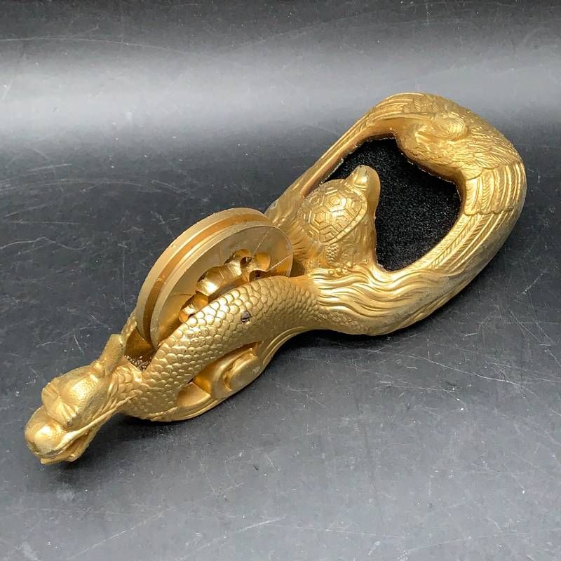 I418 墨壺 鶴亀龍 龍の墨つぼ 金 金メッキ 年代物 アンティーク 大工