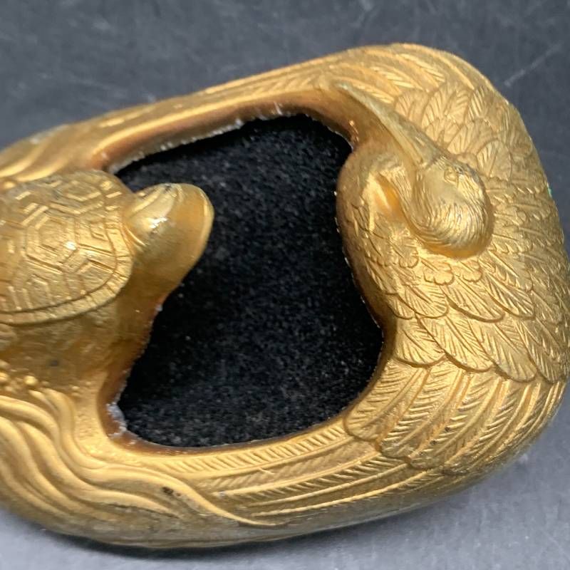 I418 墨壺 鶴亀龍 龍の墨つぼ 金 金メッキ 年代物 アンティーク 大工