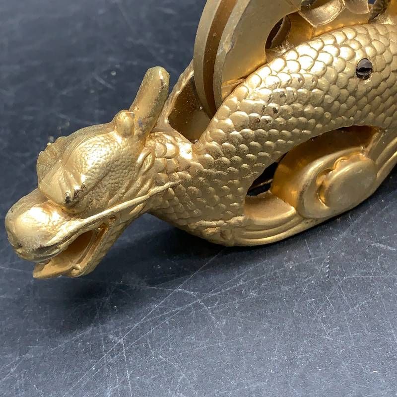 I418 墨壺 鶴亀龍 龍の墨つぼ 金 金メッキ 年代物 アンティーク 大工