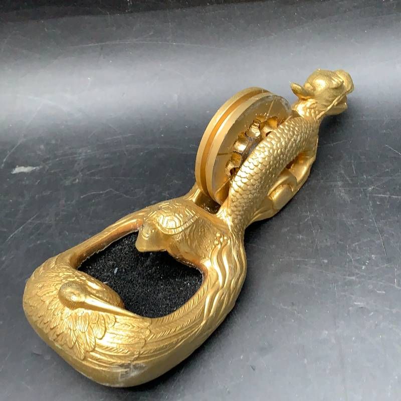 I418 墨壺 鶴亀龍 龍の墨つぼ 金 金メッキ 年代物 アンティーク 大工