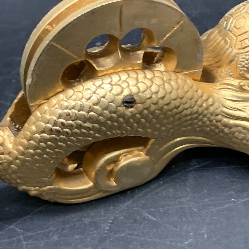 I418 墨壺 鶴亀龍 龍の墨つぼ 金 金メッキ 年代物 アンティーク 大工